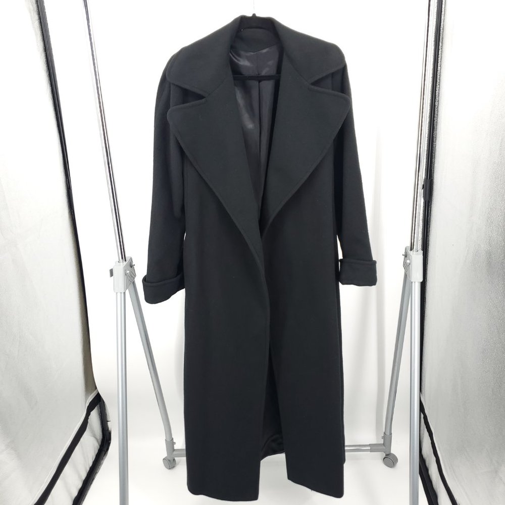 VTG 100% Cashmere Maxi/Full Length Peacoat 4 Black Self-Tie Notched Lapel Trench